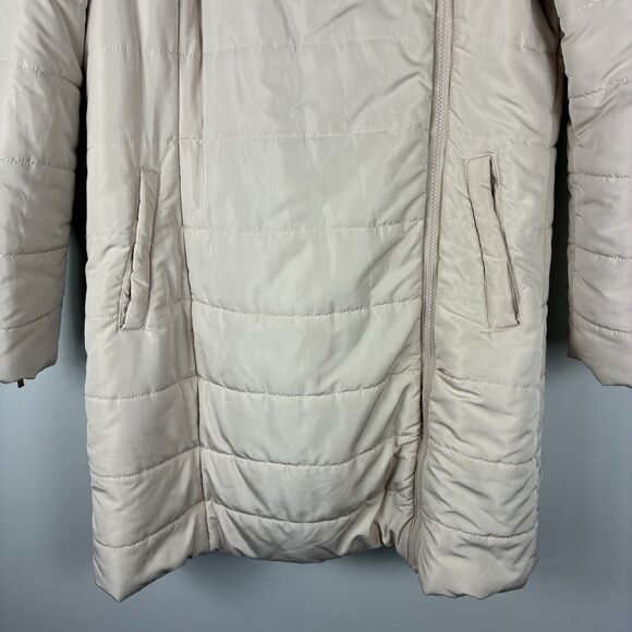 GUESS Hooded Puffer Coat Faux Fur Hood Women’s L Tan Jacket Insulated Y2K Winter - Picture 3 of 14